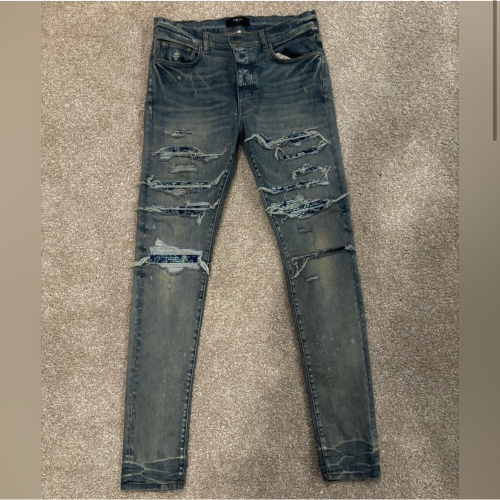AMIRI Distressed Gray Skinny Jeans